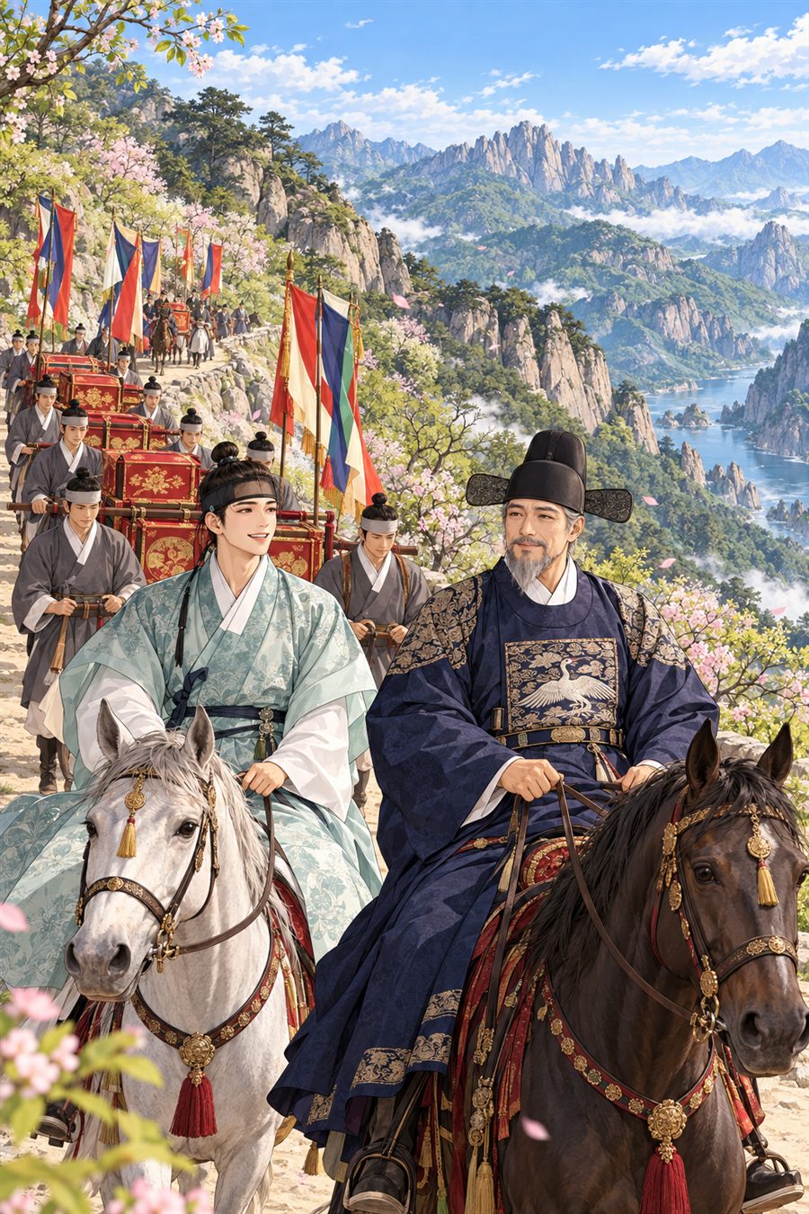 혼례 행렬이 봄 산길을 오르고, 이 상공과 이시백이 말을 타고 앞장선다
