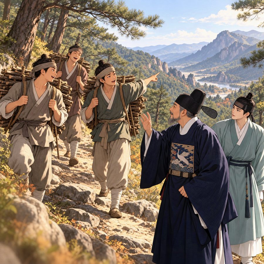 초동 두어 명이 산길에서 나무를 지고 내려오고, 이 상공이 길을 묻는다