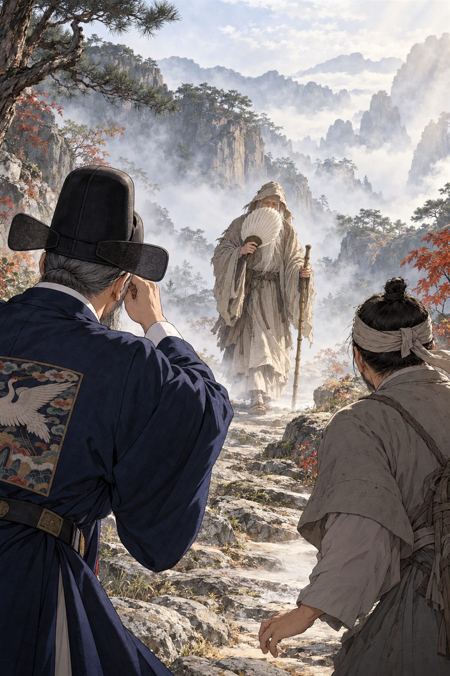 안개 낀 골짜기에서 박 처사가 죽장을 짚고 천천히 걸어 나오고, 이 상공 일행이 놀라 바라본다