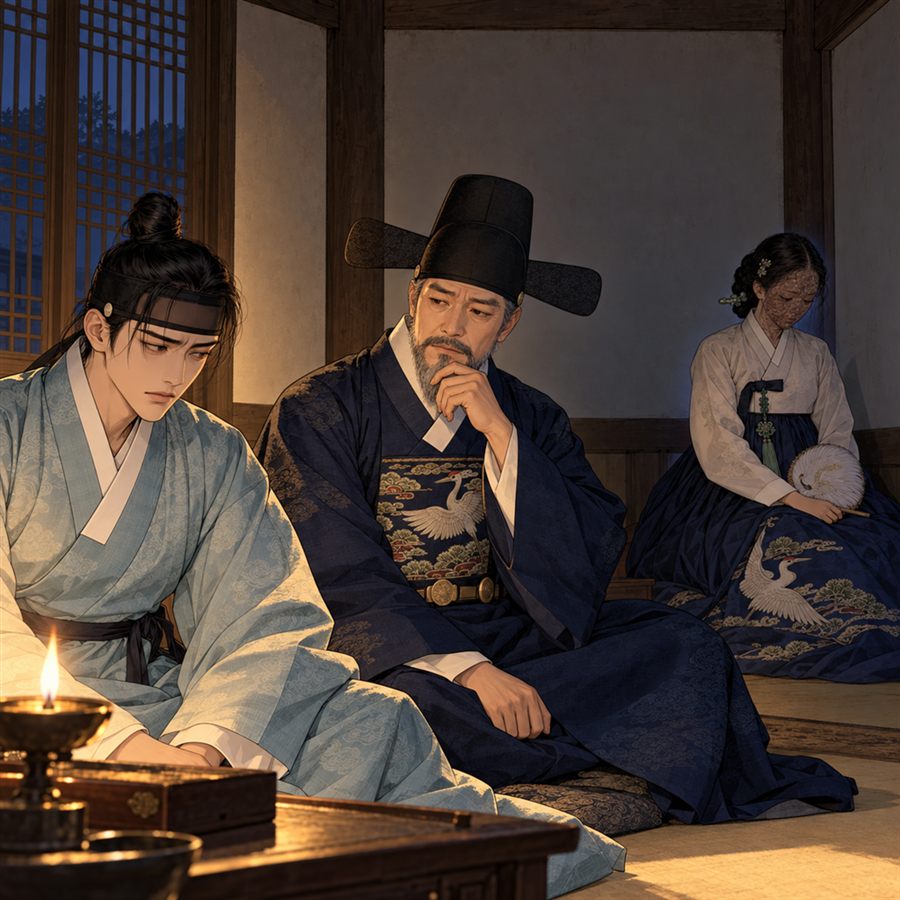 상공이 턱을 괴고 깊이 생각하며, 곁의 시백에게 신부를 두고 말하는 장면
