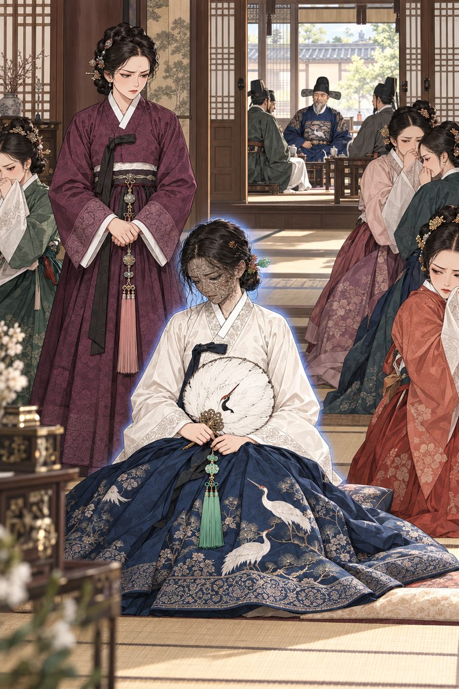 집 중당에 모인 부인들이 신부를 힐끗거리며 수군거리고, 바깥채에서 상공이 손님에게 웃으며 말하는 모습, 부인이 걱정하는 얼굴로 서 있다