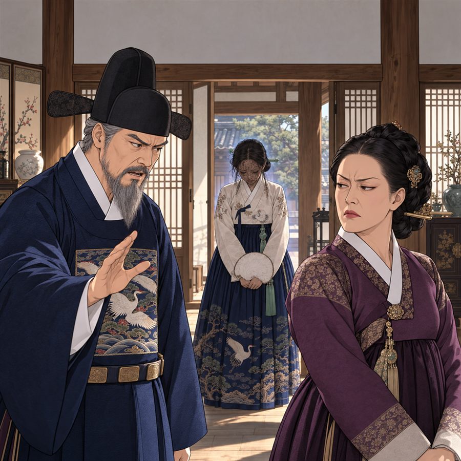상공이 아내를 손가락으로 가리키며 꾸짖고, 부인은 고개를 돌린다. 문가에 신부가 조용히 서 있다