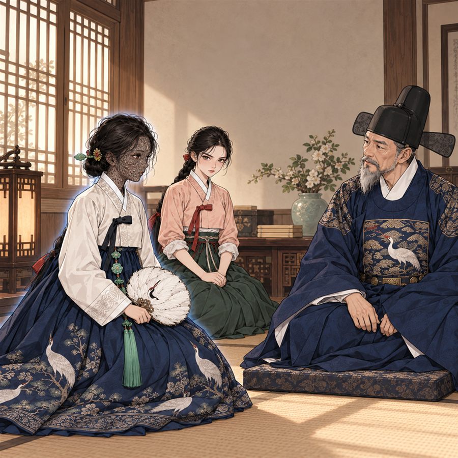 박씨가 상공 앞에 공손히 무릎 꿇고 청을 올리고, 계화가 곁에 앉아 있다. 상공은 깊이 생각하는 얼굴이다