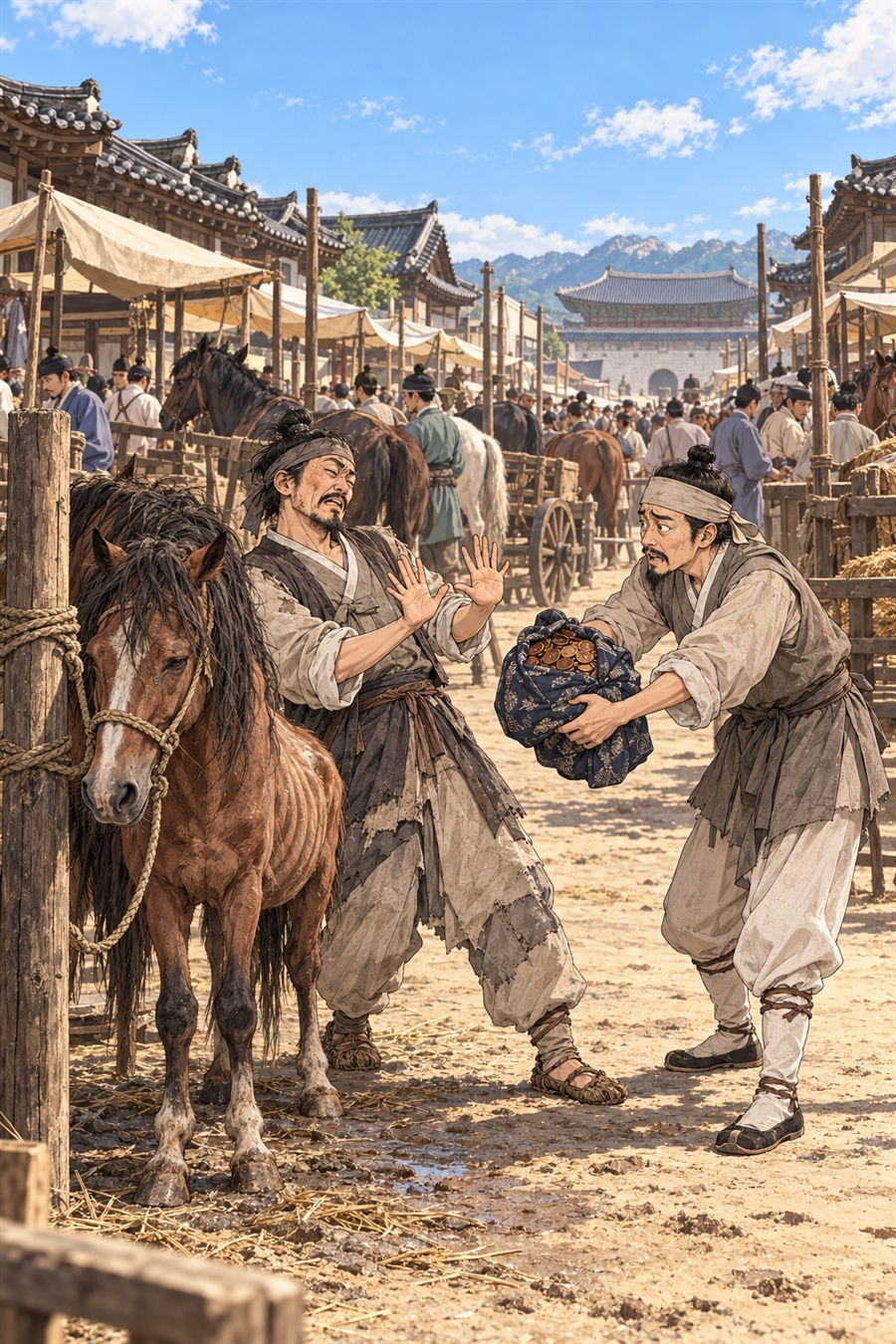 종로 시장에서 야윈 말 옆에 선 말 장수가 돈 꾸러미를 밀쳐 내고, 노복이 돈을 억지로 내밀고 있다