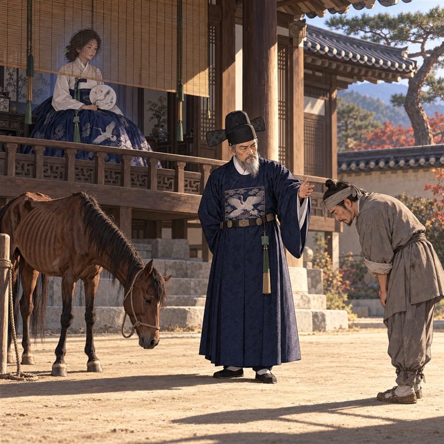 안채 마루에서 박씨가 주렴 너머로 야윈 말을 살피고, 마당에서 상공이 노복을 꾸짖는다. 노복은 고개를 숙이고 있다