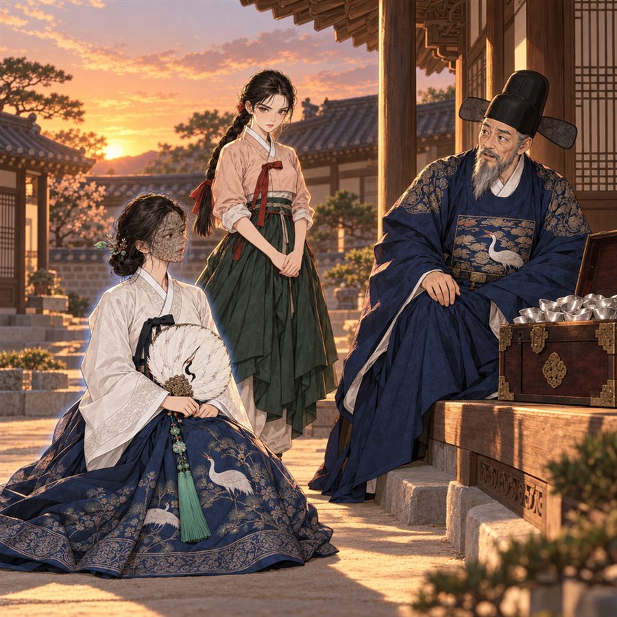저녁 노을 아래 안마당에서 상공이 놀란 얼굴로 앉아 있고, 박씨는 무릎을 꿇고 차분하게 말하고 있다. 계화가 뒤에 서 있다