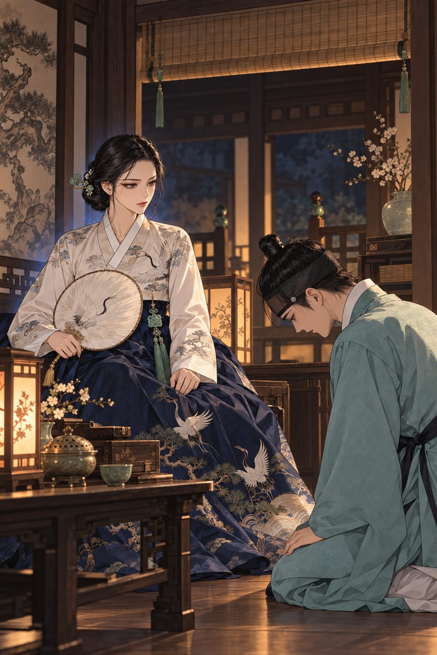 피화당 방 안에서 박씨가 단정히 앉아 타이르고, 시백이 무릎을 꿇고 사과한다